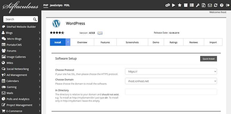 WordPress automatic installation via Softaculous